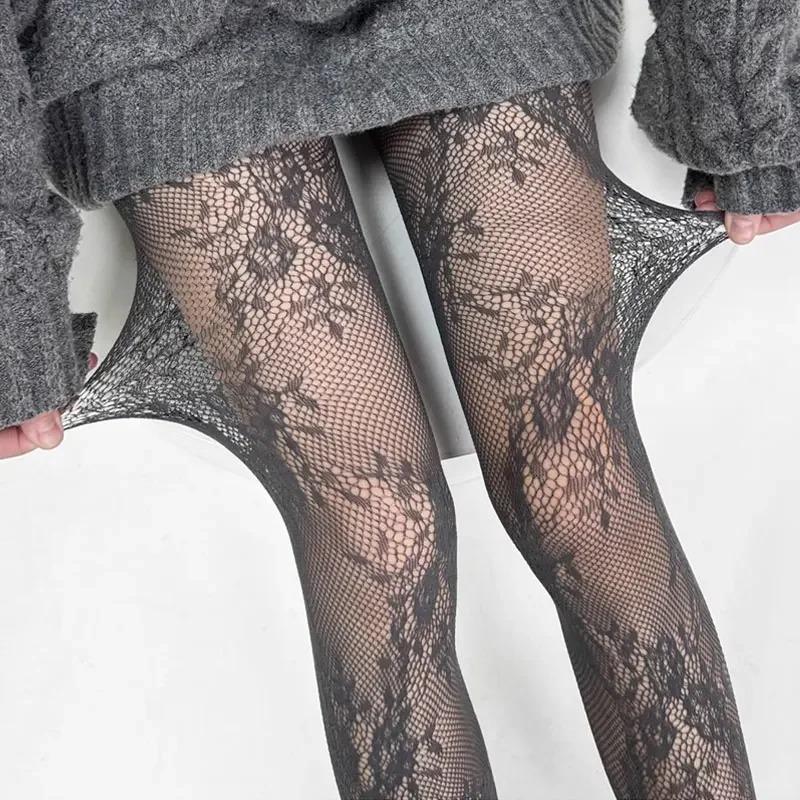 Hollow Flower Pantyhose Lace White Stockings Retro French Black Silk Girl Fishing Net Socks Jacquard Base Socks