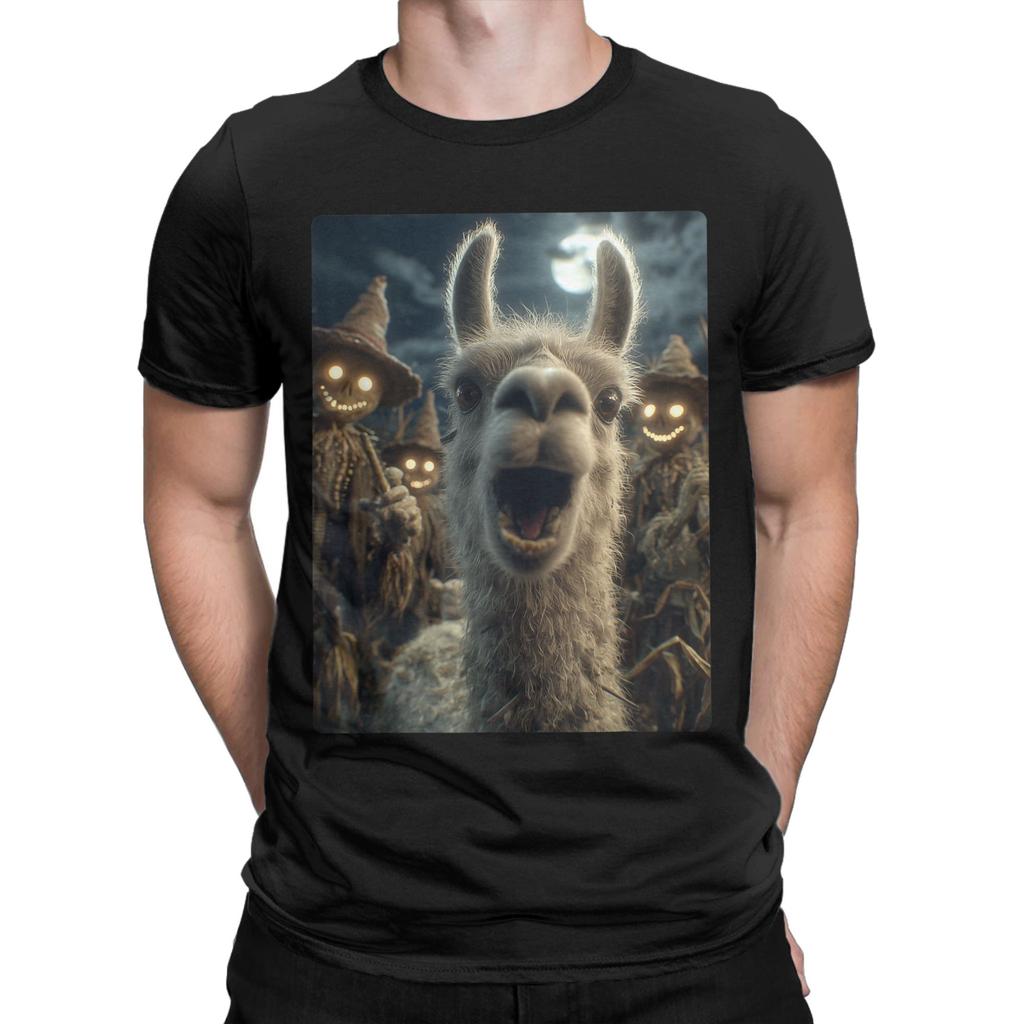 T-shirt Homme Selfie Lama avec Épouvantails Effrayants Nouveauté Coton Manches Courtes Animal T-shirt Halloween Col Rond Hauts Cadeau