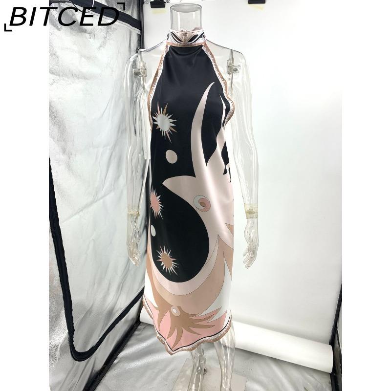 BITCED Women's Summer Sexy Halterneck Backless Printed Satin Holiday Beach Dress