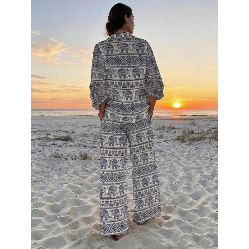 Bohemian Exotic Style Long-sleeved Trousers Suit Women's Ethnic Style Elephant Print Shirt Wide-leg Pants Two-piece Set