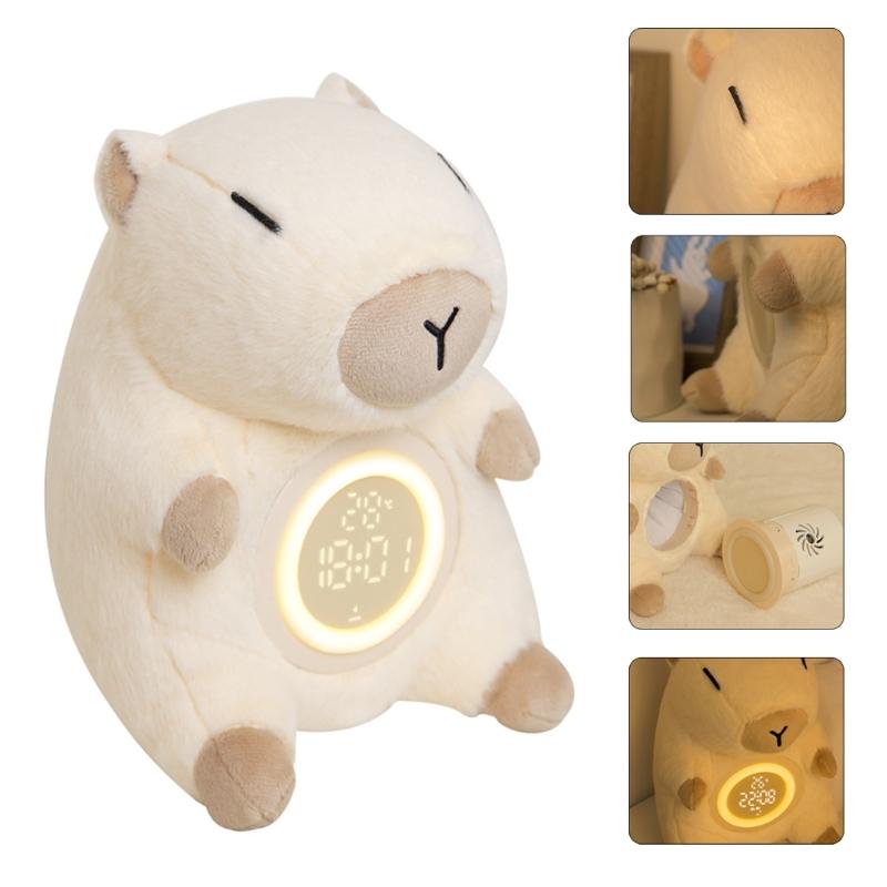 Kinder Plüsch Wecker mit Capybara-Thema und einstellbarer Helligkeit Nachtlicht 2 Alarme Schlummerfunktion USB-wiederaufladbar