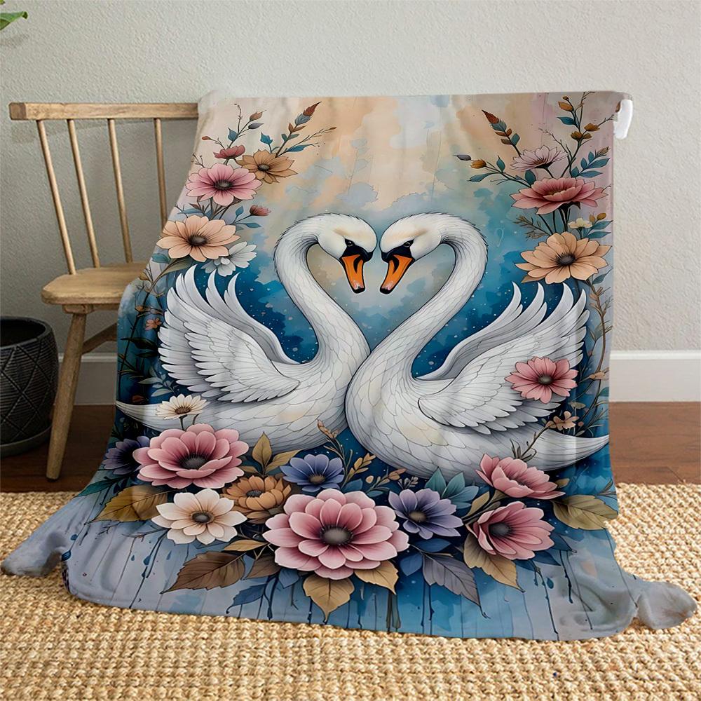 1pc Swans Flowers Outdoor Flannel Blanket Soft Warm All-Season Throw for Sofa Bed Car Camping Office, Cozy Gift Idea1134S