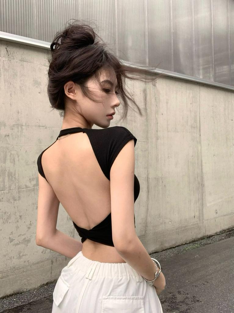 Women Solid Black Ribbed Knit Crop T-Shirt, Cap Sleeve Halter Neck Twisted Deep Open Back Slim Fitted Summer Backless Top