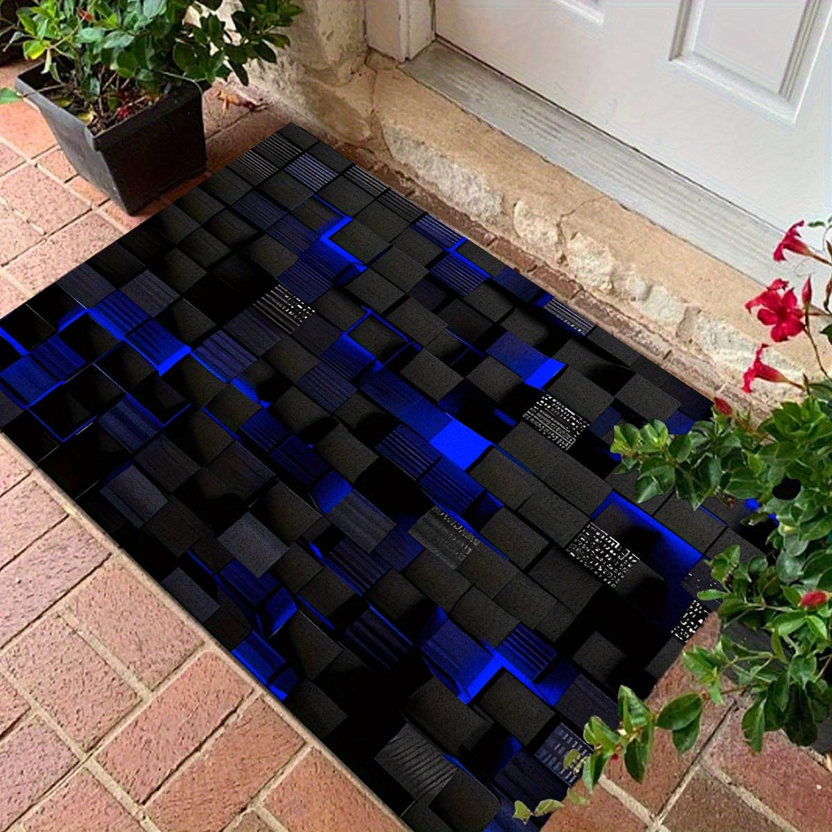 

Modern 3D Black Blue Square Pattern Round Rug Non-slip Machine Washable Floor Mat for Living Room Bedroom Entryway Home Decor 40x60cm