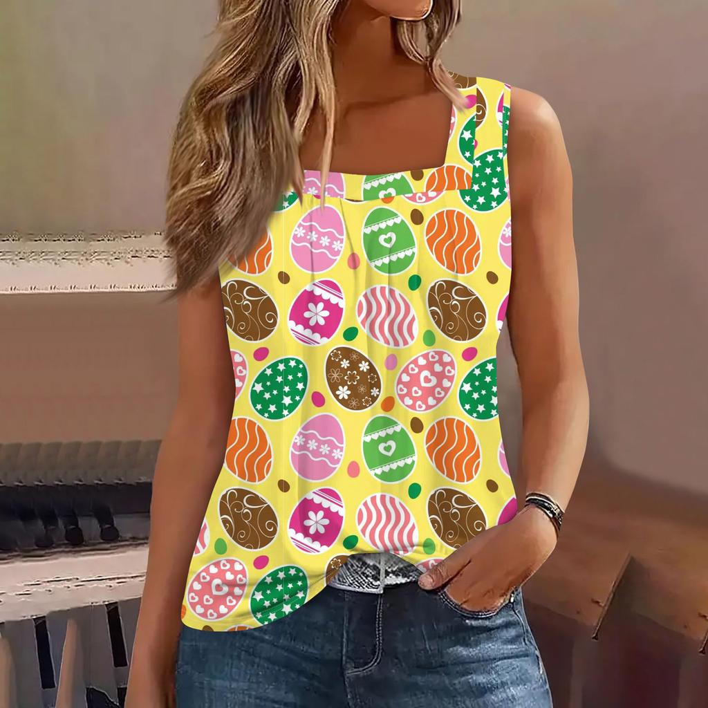 Women's Fashion Sexy Pleated Square Neck Easter Print Sleeveless Vest Top