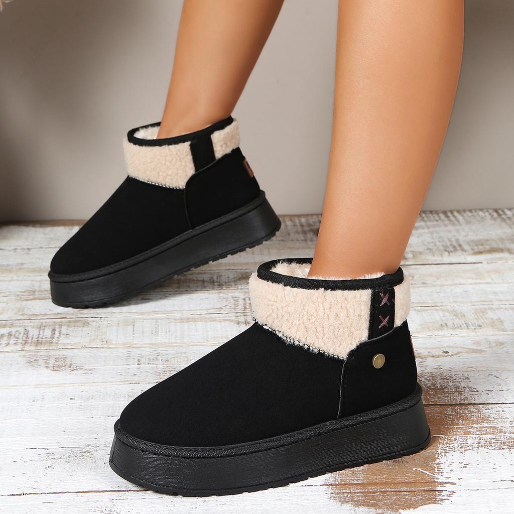 Women's Wide Width Platform Snow Boots, Slip-On Faux Fur Cuff Booties, Minimalist Winter Boots for Women