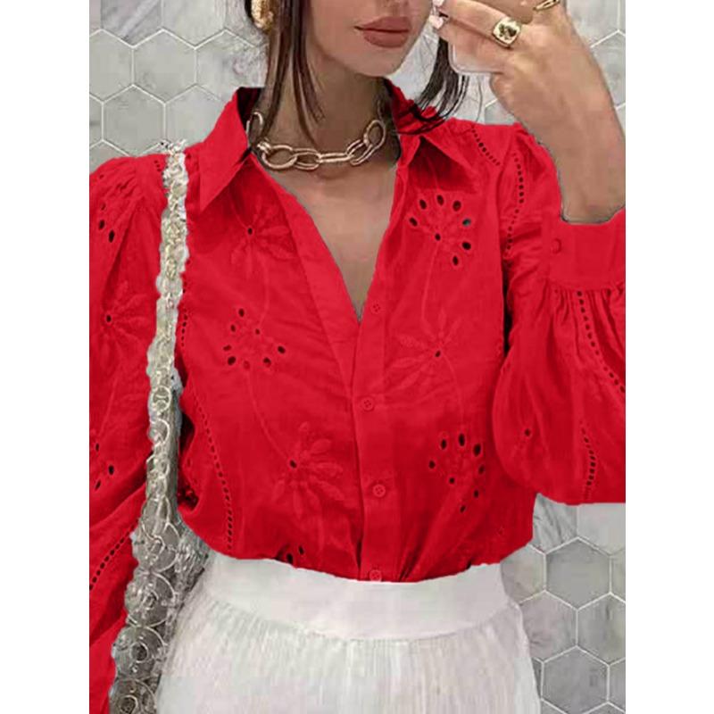 Elegant Loose Fashion Lace Women Shirt Casual Hollow Out Puff Long Sleeve Top Single-breasted Office Blouse Solid Sweet Simple Lapel Women's Clothing