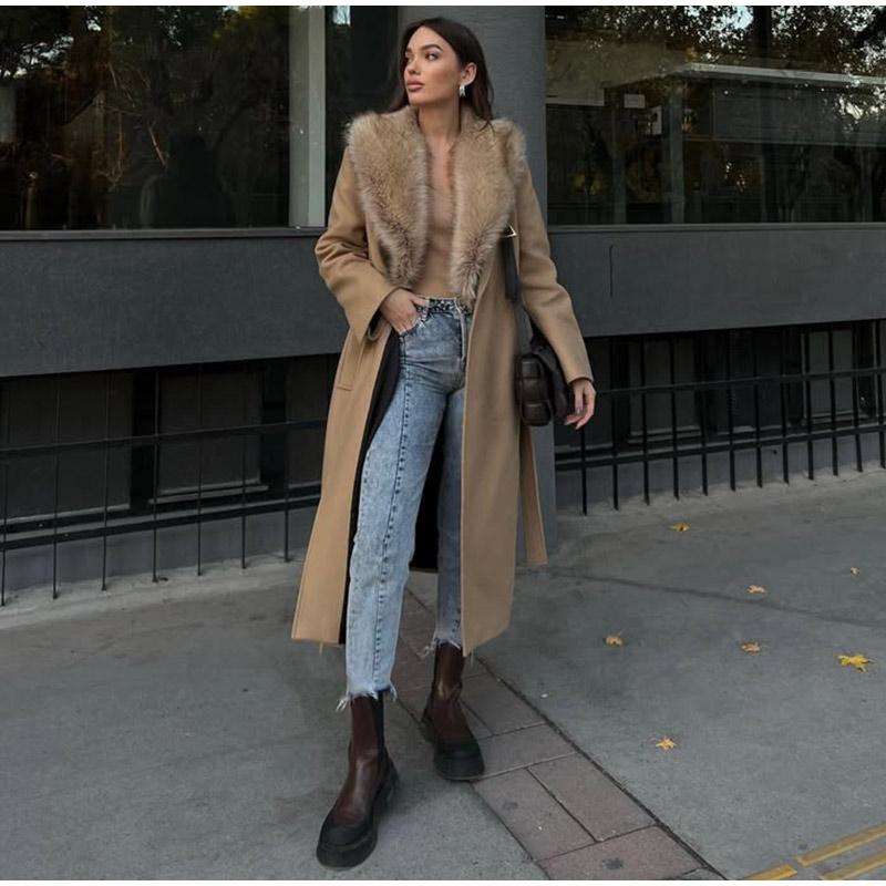 Elegante cappotto lungo con revers in pelliccia da donna con lacci, manica lunga, tascabile, in lana, lungo soprabito 2025, nuovo capospalla da donna di alta moda
