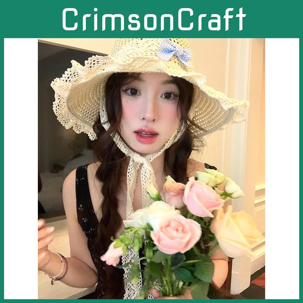 Trendy Japanese Country Style Beige Straw Fisherman Hat With Lace And Bow Detail
