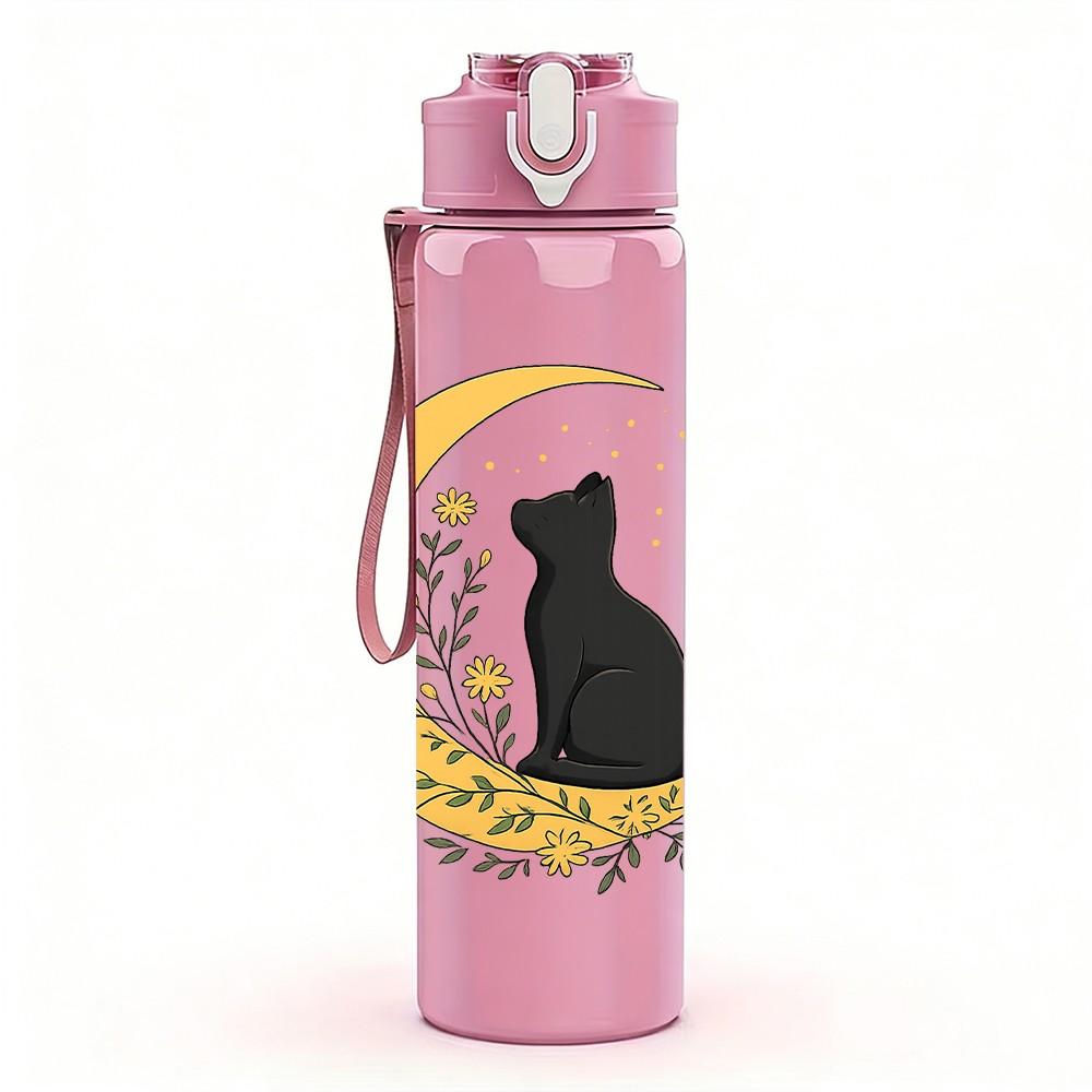 1PC Moon And Black Cat Art 750ml Color Plastic Sports Water Bottle Leakproof Flip Straw Lid Suitable for Sports Office Home Use