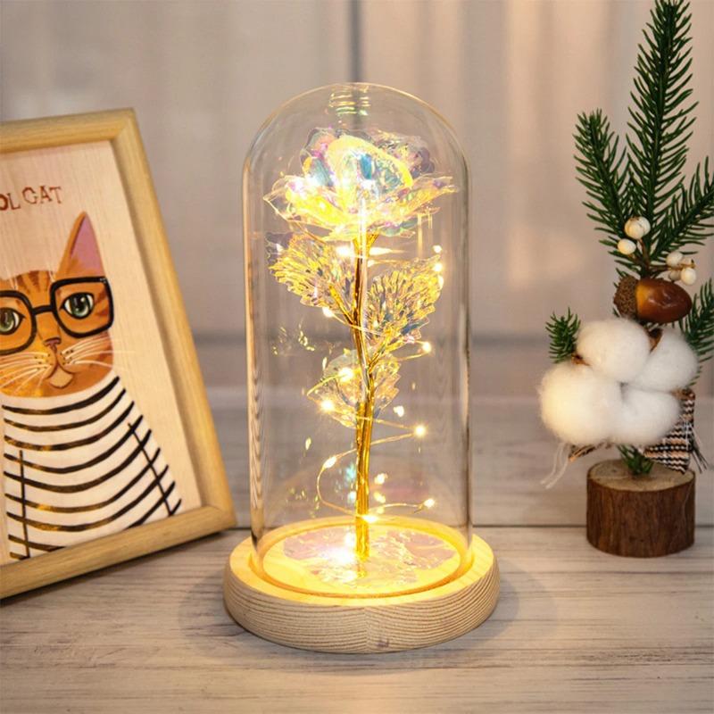 Galaxy Rose Lamp with Butterfly & Colorful LED Lights Artificial Rose in Glass Dome Battery Powered Romantic Gift for Wedding Home Decor