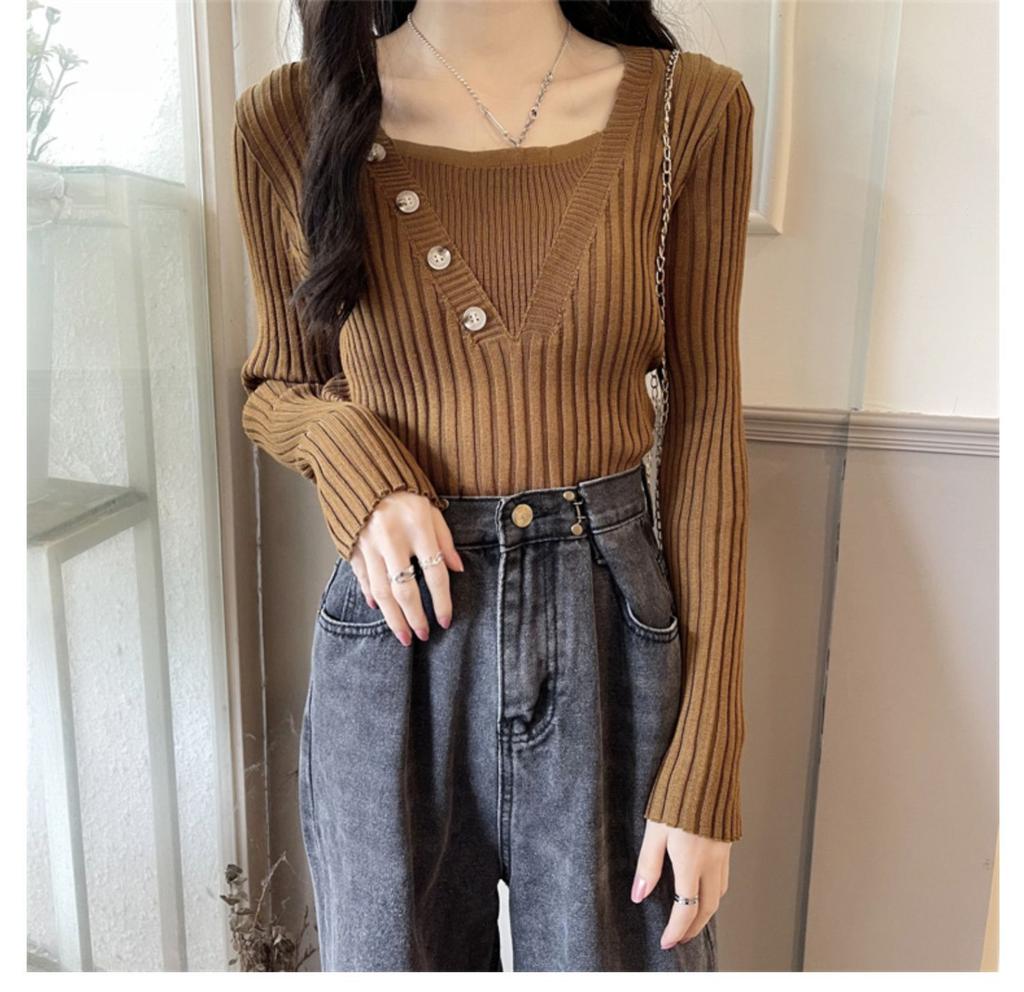 Fake two-piece knitted sweater women's autumn and winter 2025 new slim-fit versatile gentle wind square neck sweater