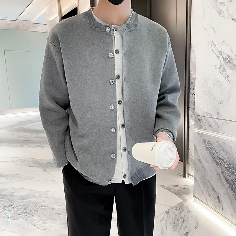 Pulover cardigan nou, retro american, ocazional, în stil relaxat, cu gât rotund, haină pentru bărbați de culoare uni