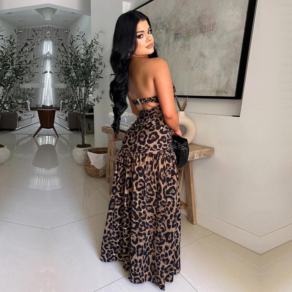 C7501 Leopard Print Off-Shoulder Backless Dress - Women's Sexy European & American Fashion