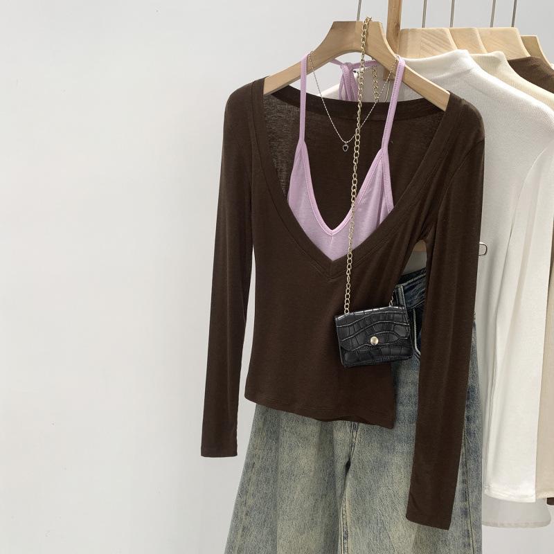 Tencel Wool Halter Two-Piece Layered Women s Slim Fit Top S