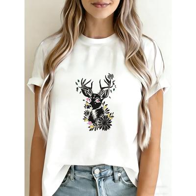 White T Shirt With Deer And Floral Print For Casual Wear