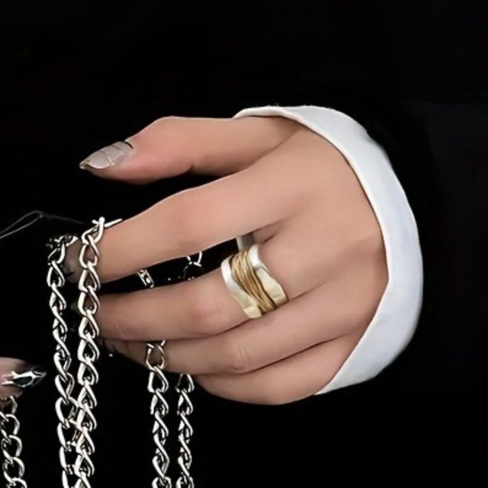 Double Layer Geometric Wide Face Ring Engraved Line Punk Style Ring Two-tone Ring Festival Wear