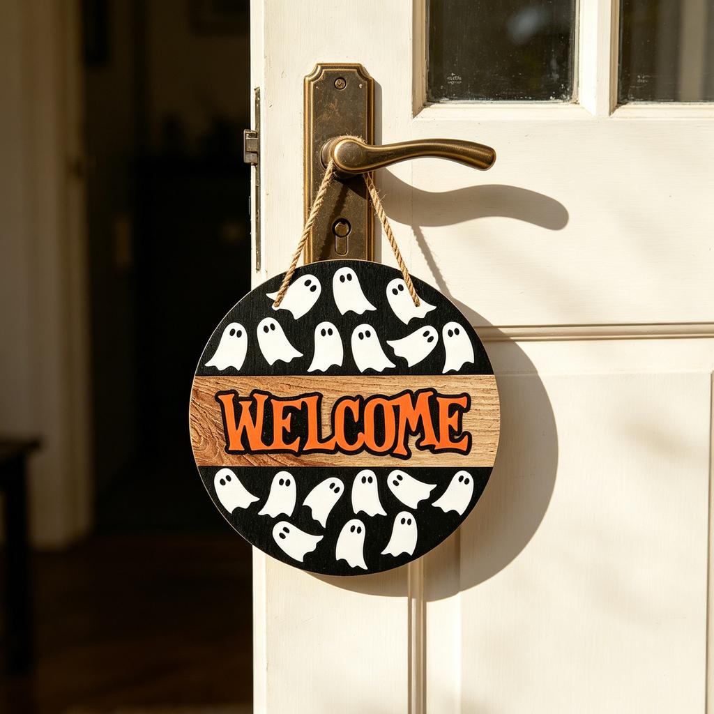 Halloween Wooden Hanging Sign Ghost and Bat Design Round Door Decor with Rope for Seasonal Holiday Decoration Indoor Outdoor Use