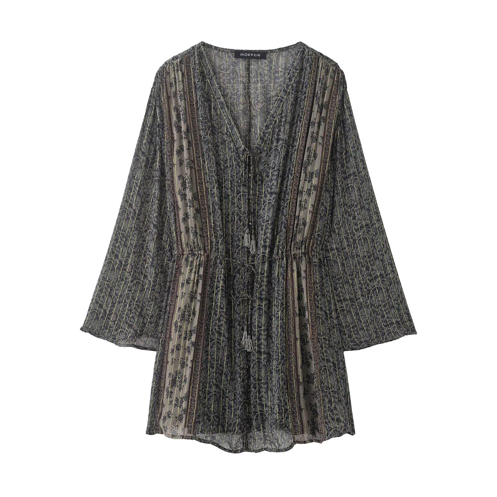 Women s Spring Fashion Metallic Thread Print Dress, European American Style Large