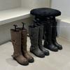 Retro design round head thick-soled boots female knight boots belt buckle high boots