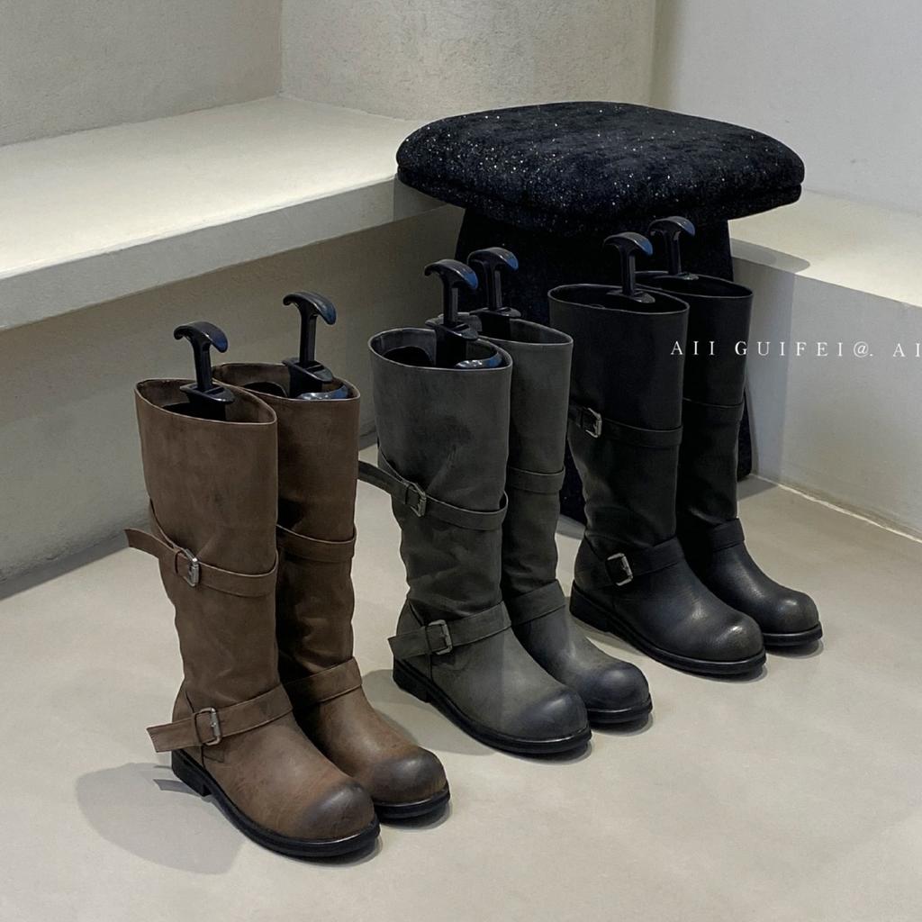 Retro design round head thick-soled boots female knight boots belt buckle high boots