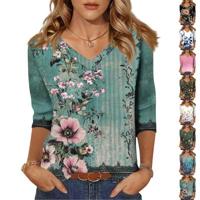 Women's Tops Three-quarter Sleeve Shirt V-neck Loose Casual Shirt Floral Print T-shirt