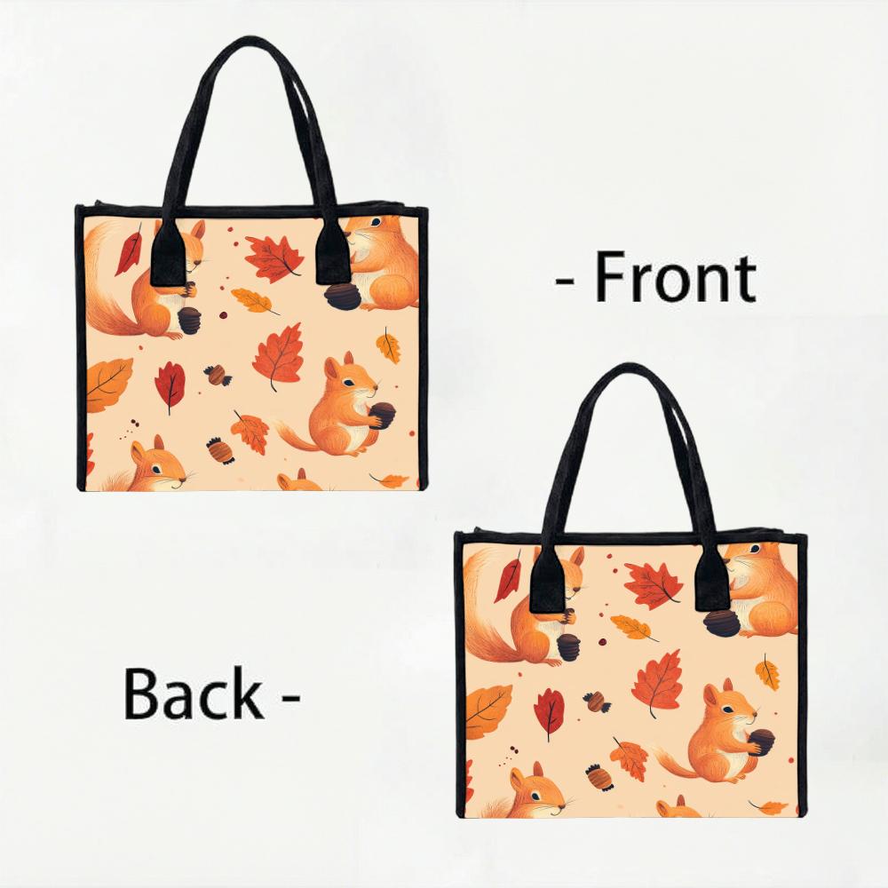 Cute Squirrel Leaf Printed Tote Bag Autumn Style Daily Use Portable Casual Handbag For Women