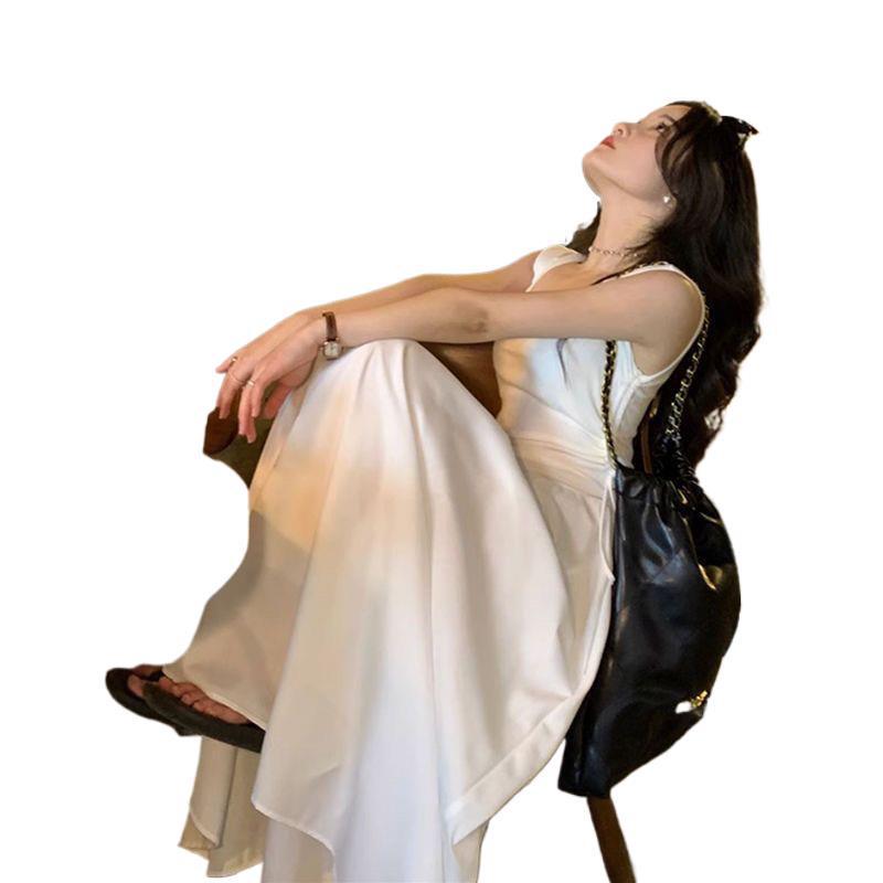 Elegant French White Sleeveless Summer Dress with Slimming Square Neck and Cinched Waist