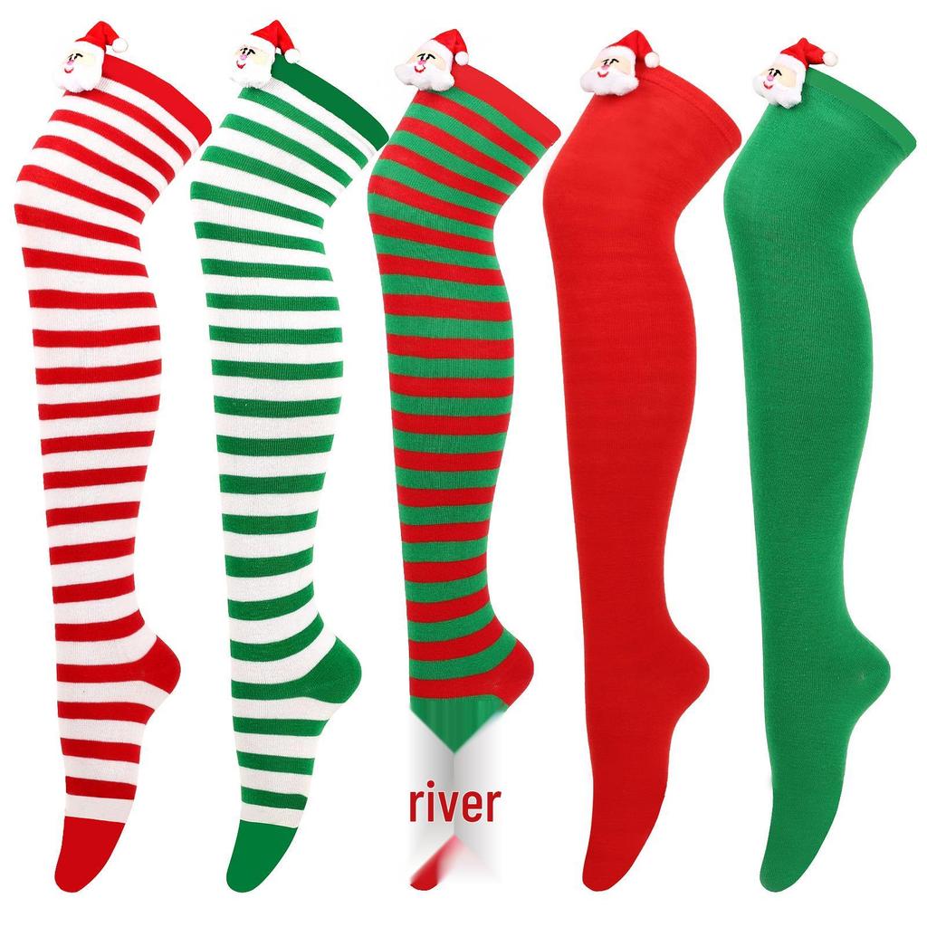 Damen Weihnachten Santa Gestreifte Overknee Lange Socken - Party Doll Design
