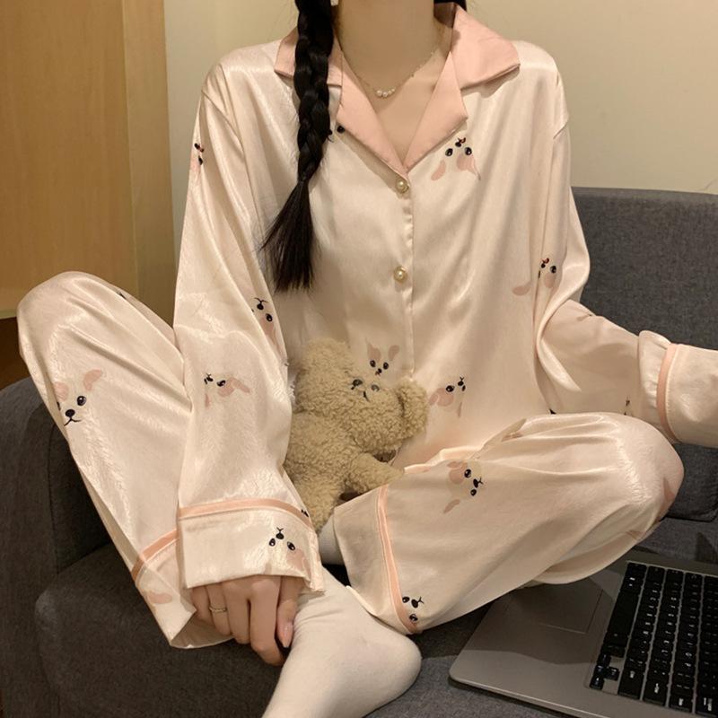 Wind Autumn Ice Silk Simple Thin Pajamas Women'S Short Sleeves Cute Loungewear Nightdress Loungewear