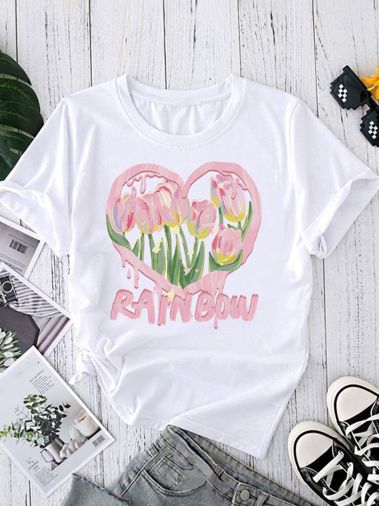 (Asian Size) Graphic Tee T-shirts Female Lovely Feather Style Casual Short Sleeve O-neck Fashion Print Women's Top T Clothing