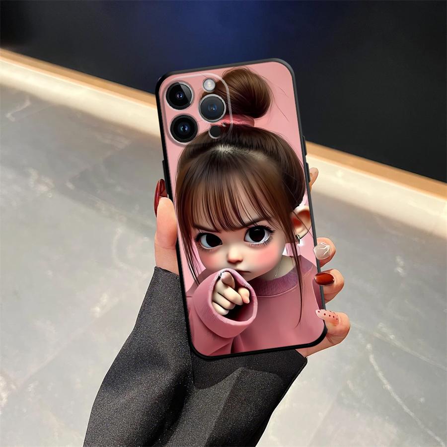 Cartoon Girl Pattern Case for iPhone XS Max XR 13 12 11 17 Pro Max 7 8 17Air 15 16 14 Plus Black Soft Phone Cover