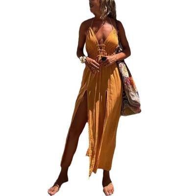 Sexy Neckholder-Kleid in Volltonfarbe mit doppeltem Schlitz und Saum