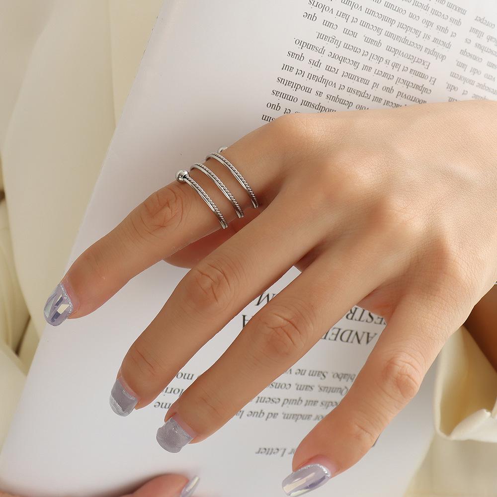 18K Gold Titanium Steel Twisted Bead Ring - French Design, Double Layer, Versatile Size Adjustable Open Size