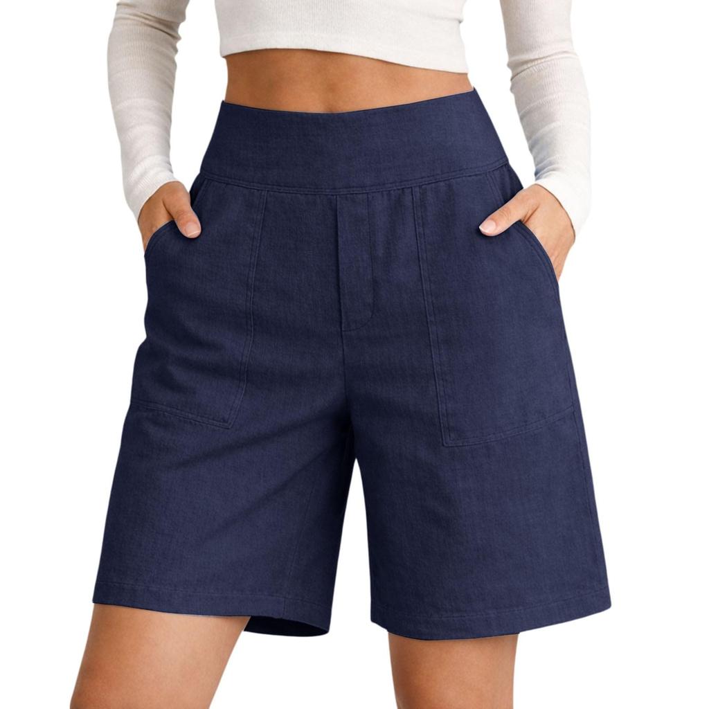 Damen Farbe Baumwolle Leinen Lässig Taille Shorts Mit Taschen Und Dreiviertelshorts