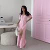 Slit Long Cardigan Knit Dress Women Fashion Short Sleeve Patchwork High Waist Maxi Dress Street Casual Y2K Dress 2025 summer autumn