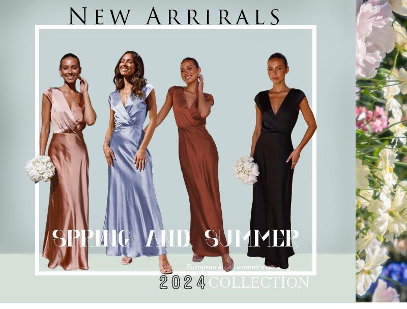 2024 Spring/Summer European & American Women's V-neck Satin Fishtail Evening Gown