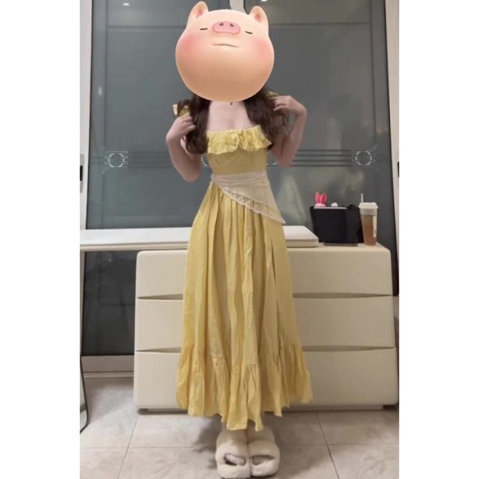 

On the Run Princess Skirt Waist Temperament Premium French Sweet Yellow Xiaofei Sleeve Dress Women s Summer New S