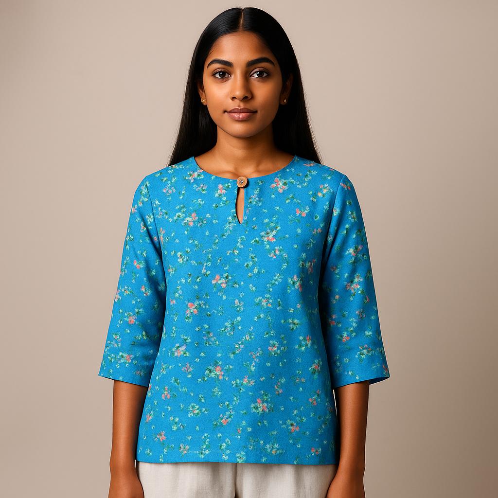 

Винтажная повседневная блузка, для женщин, цветочный принт, круглый вырез, рукава три четверти, элегантный свободный крой 5XL синий