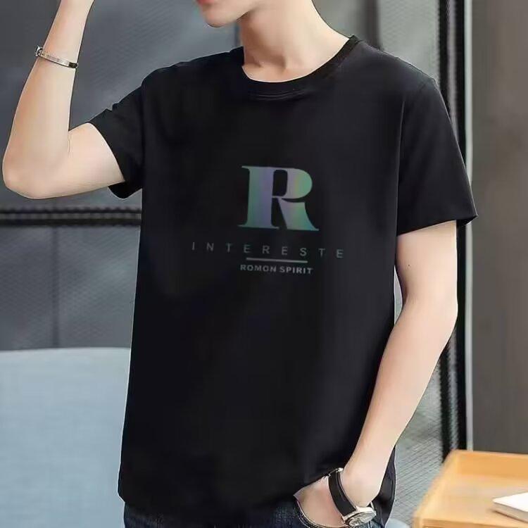 Summer round neck men's Slim short-sleeved T-shirt trend bottoming shirt top combed cotton letter R printed T-shirt