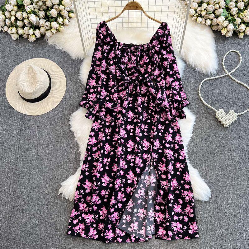 

Весенне-осеннее платье А-силуэта с длинными рукавами и элегантным принтом Black background pink flower All yards