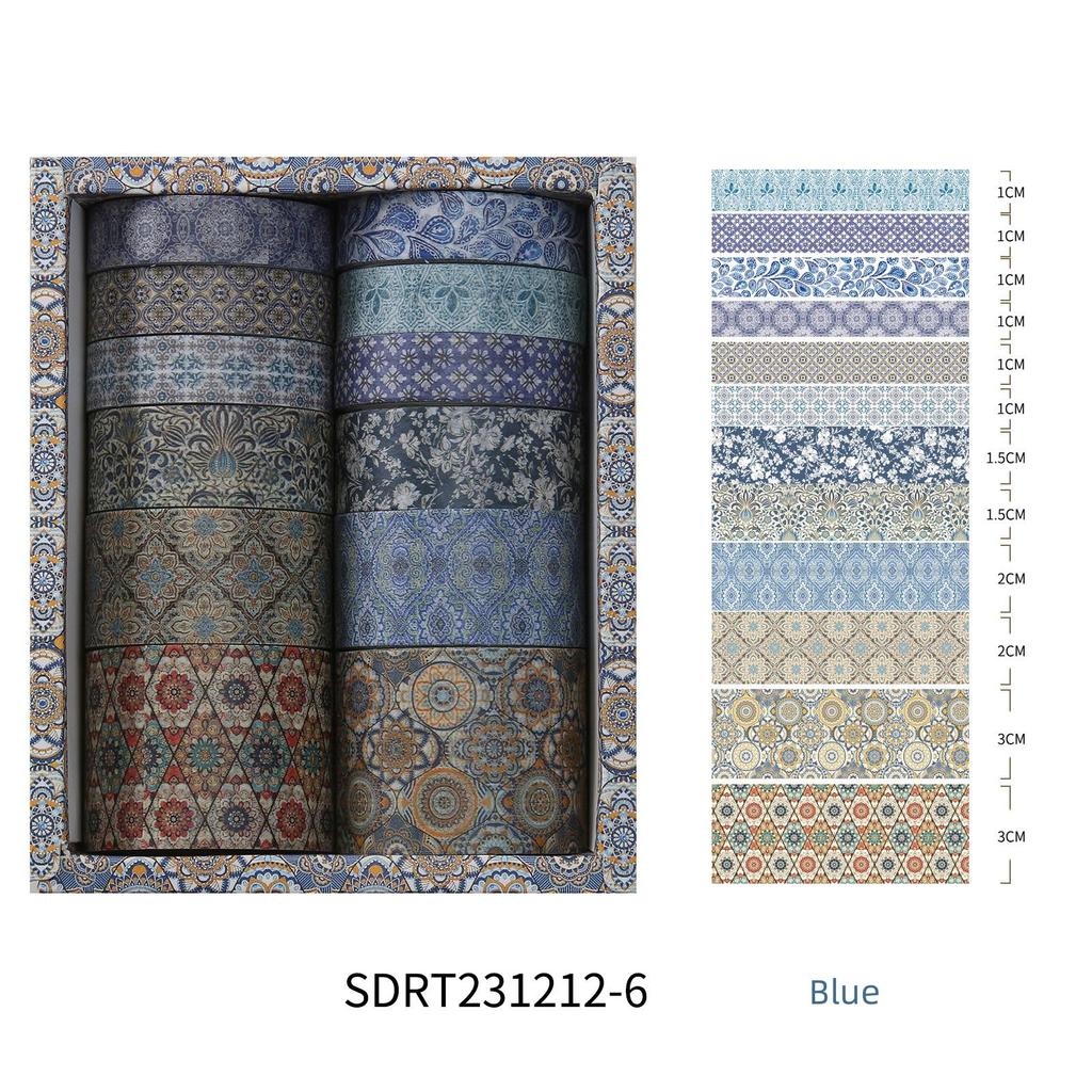 12ks Exotic Charm Paper Washi Tape Set Retro květinové lepicí maskovací pásky Dekorační samolepky Diář DIY