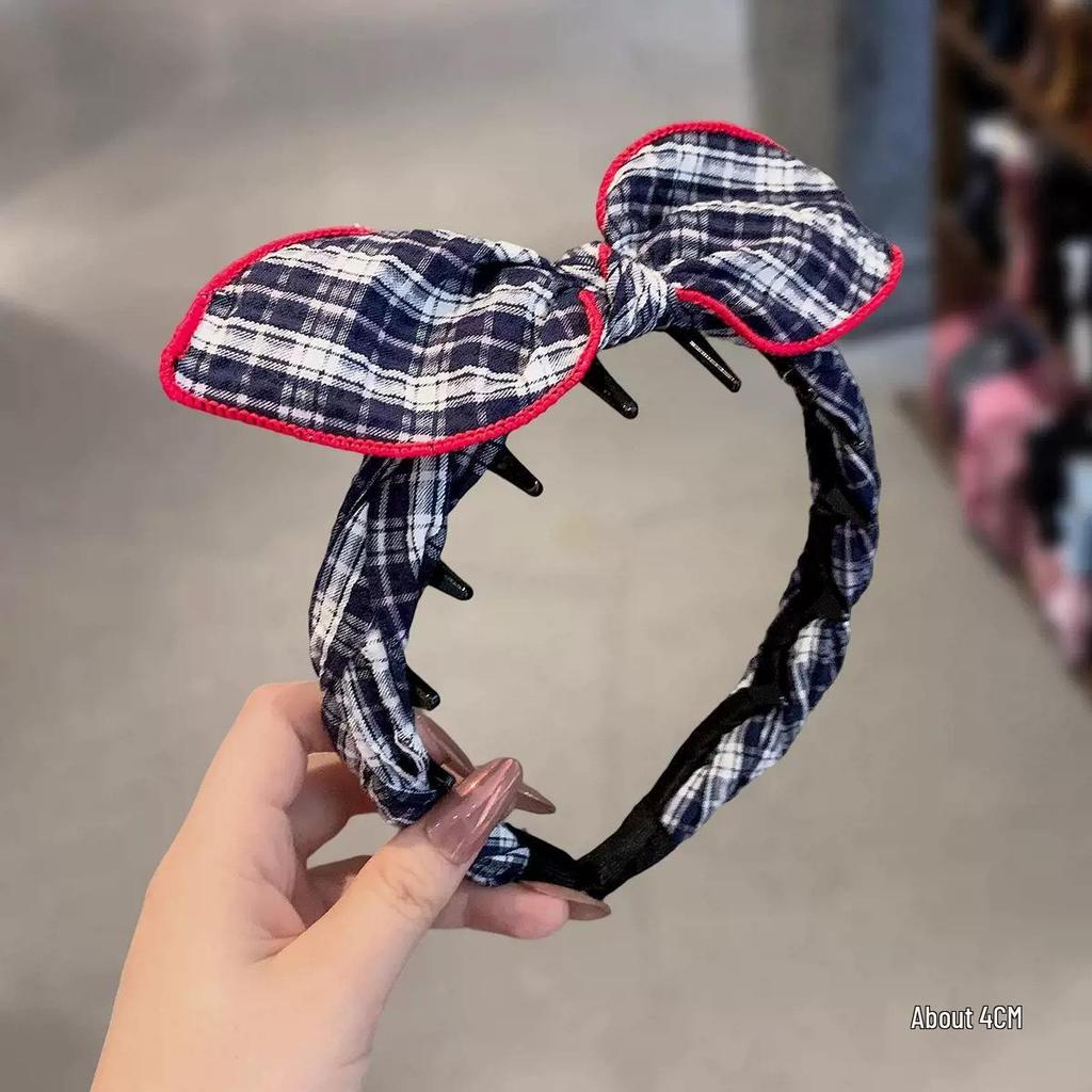 Korean Plaid Navy Bow Headband with Non-Slip Teeth for Women