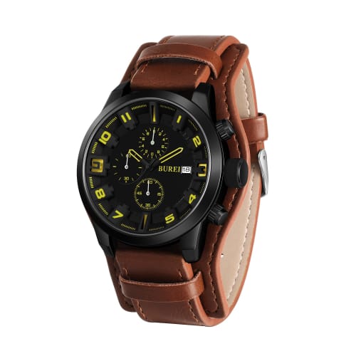 

BUREI Men s Analog Quartz Watch, Waterproof, Simple Design, with Chronograph Movement, Brown Leather Strap, Made in Japan, Battery-Operated, Perfect G