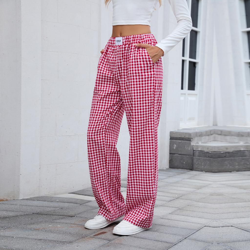 European and American Women's Pure Cotton Plaid Casual Boxer Pants Loose Pocket Trousers