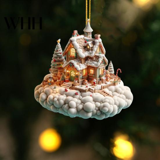 Holiday House Hanging Decor Christmas Pendant Acrylic 2D Flat Ornament Mini Snow-covered Cabin Cartoon Decoration for Tree Mantel Car Charming