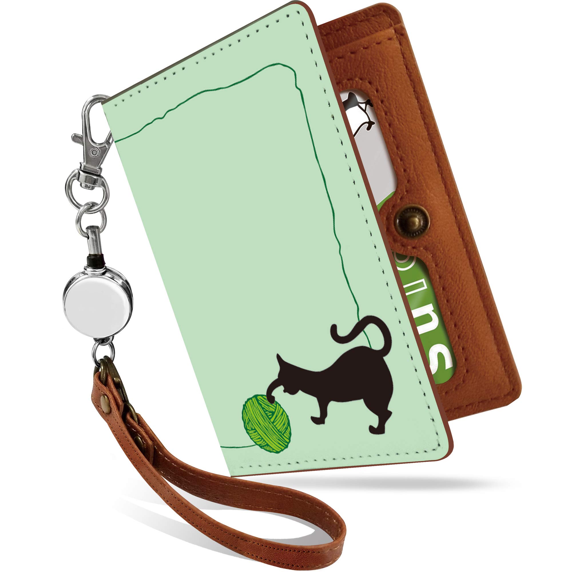 

[Pretimo] Pass Case with Reel, Cute Cat and Yarn Ball, Green, Cat Pattern, Bifold, Privacy Guard, Stylish, Women s, Animal Print, Green [Cat and Yarn