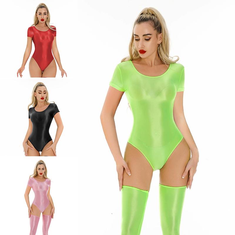 1 Stück Nylon High Cut Bodysuit Bikini Damen Einteiler Tanga Glänzender Badeanzug Leotard