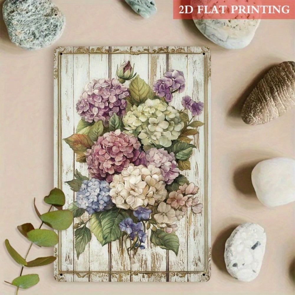 

Vintage Metal Wall Art Sign, Hydrangea Flower Decor for Garden Home