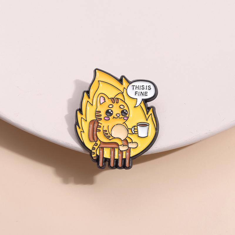 Flame Coffee Cat Enamel Pins Custom THIS IS FINE Brooches Lapel Badges Cartoon Animal Jewelry Gift for Friends